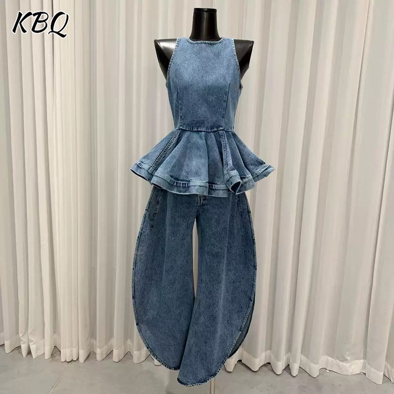 Vintage Fashion Style Female - KBQ Blue Spliced Folds Two Piece