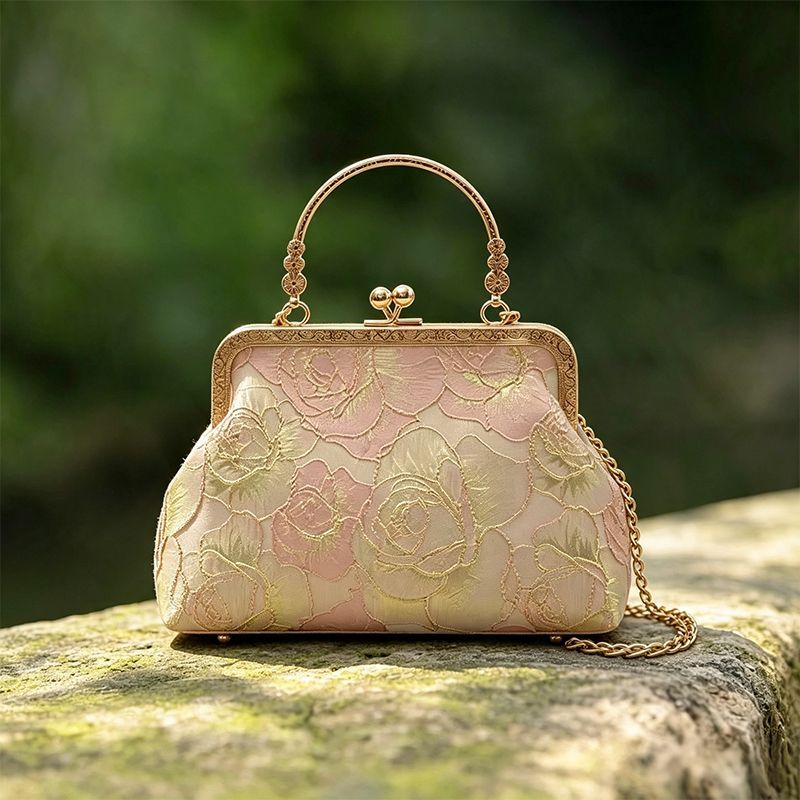 Vintage Fashion In Chinese - Vintage Floral Embroidery Kiss Lock Handbag